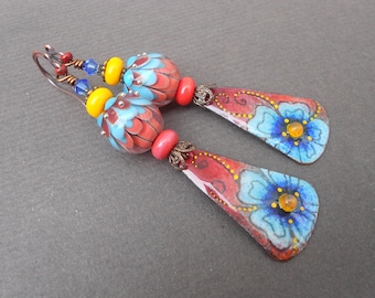 Boho Enamel Flower Earrings: Artisan Lampwork Glass, Copper Dangles