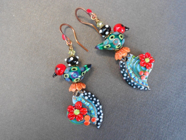 Bird earrings,Floral heart earrings,Heart earrings,Flower earrings,Enamelled earrings,Lampwork earrings,Romantic earrings,OOAK earrings,Boho
