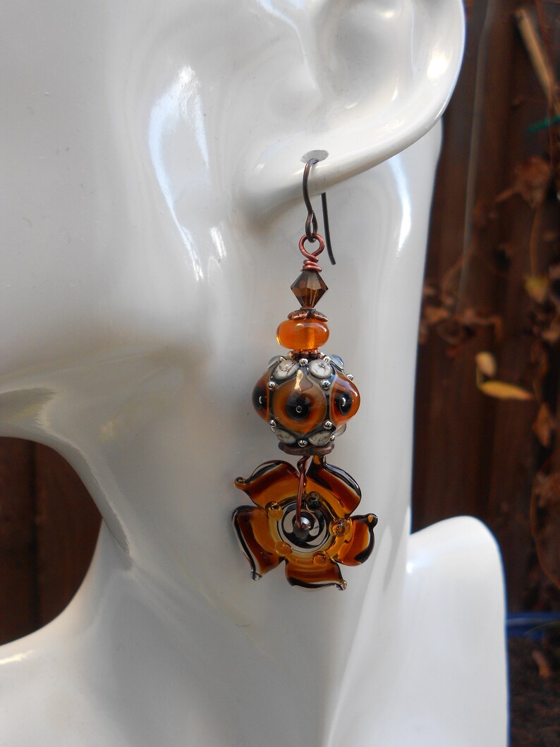 Flower earrings,Lampwork earrings,Glass earrings,Floral earrings,Niobium earrings,Artisan earrings,OOAK earrings,Ombre earrings,Boho,Copper