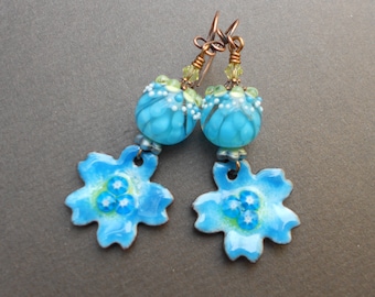 Boho earrings,Summer earrings,Flower earrings,Enamel earrings,Lampwork earrings,OOAK earrings,Copper earrings,Artisan earrings,Floral