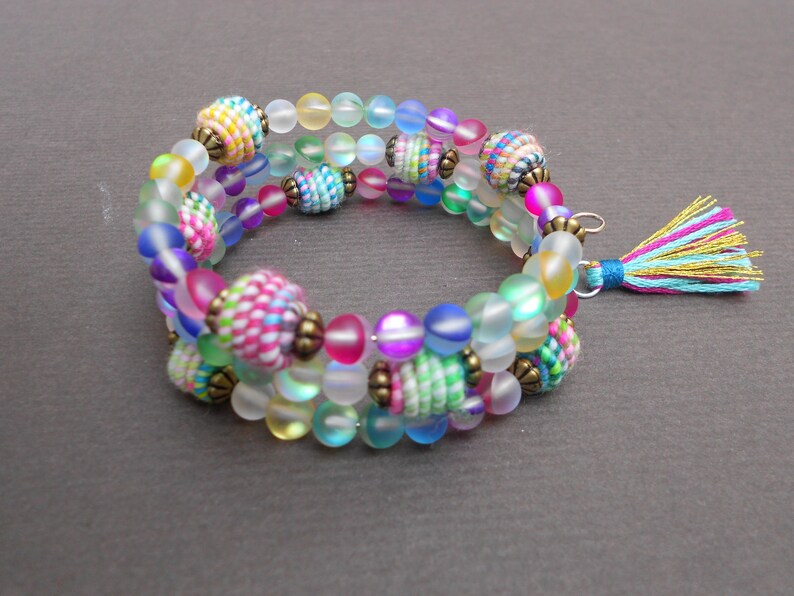 Multicolour bracelet,Multi wrap bracelet,Boho bracelet,Memory wire bracelet,OOAK bracelet,Fabric bracelet,Crystal bracelet,Tassel bracelet