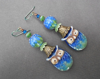 Owl earrings,Ceramic earrings,Lampwork earrings,Niobium earrings,Porcelain earrings,OOAK earrings,Glass earrings,Boho earrings,Artisan