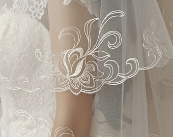 Embroidered Two Tier Fingertip Wedding Veil with Blusher
