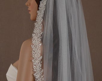 Crystal Beaded Bridal Veil, Elegant Tulle Wedding Veil, Comb Attachment
