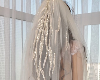 Ivory Wedding Veil, Beaded Sequins Embroidery, Floor Length (70 inch)