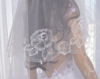 Embroidered Wedding Veil, Two Layer Fingertip Bridal Veil