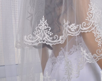 Embroidered Bridal Veil, Two Layer, Fingertip Length