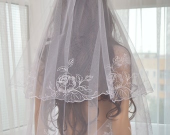 Veil in 2 layer,Wedding Veil, Embroidered Veil,Bridal Veil,Fingertip, Elbow, Cathedral, Chapel, Waltz length bridal veil.