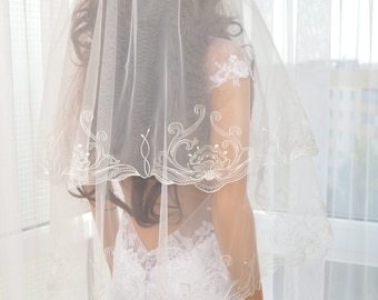 Embroidered Fingertip Bridal Veil, Two Layer with Comb