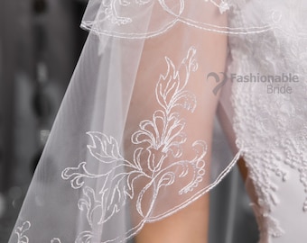 Embroidered Wedding Veil, 2 Layer Fingertip Bridal Veil with Comb
