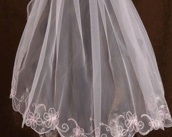 Light Pink First Communion Veil, Embroidered Flower Girl Veil