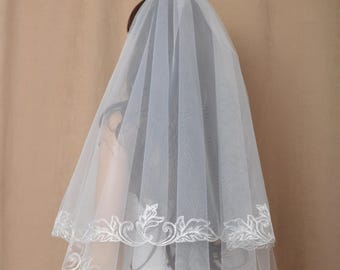 Leaf Embroidered Wedding Veil with Comb, Two Tier Bridal Veil