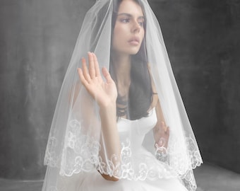 Floral Embroidered Wedding Veil with Blusher