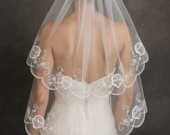 Embroidered Rose Wedding Veil with Comb, Blusher Veil