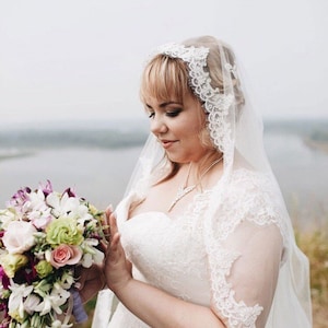 Lace Mantilla Wedding Veil, Two layers wedding veil Lace trim bridal veil 2 tires Fingertips double tiers, Veil With blusher.