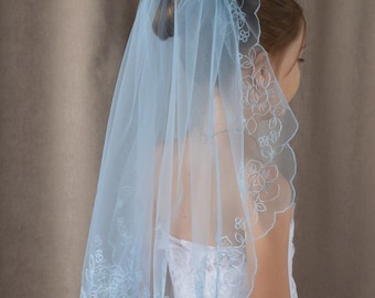Sky Blue Communion Veil, Embroidered Flower Girl Veil