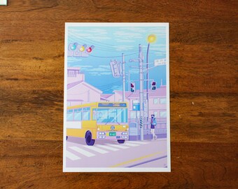 Lofi inspired Japanese Bus Crossing Scene|Illustrative Print|A4|Japan|Pastel