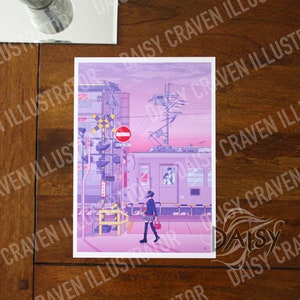 Lofi Japonés Tren Cruzando Impresión Ilustrativa/A4/Kyoto/Japón/Pastel