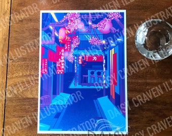 May include: A digital illustration of a narrow, brightly lit alleyway in Japan. The alleyway is lined with shops and restaurants, with signs in Japanese characters. The alleyway is decorated with pink cherry blossoms. The alleyway is lit by neon signs and streetlights. The alleyway is a vibrant and colourful scene.
