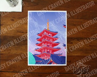 Puede incluir: Una ilustración de una pagoda japonesa tradicional de cinco pisos, representada en rojo y azul sobre un fondo blanco. Nubes tenues rodean la pagoda.