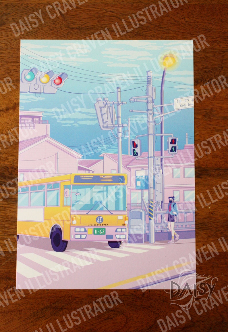 Lofi Inspired Japanese Bus Crossing Scene|illustrative Print|a4|japan