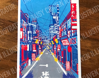 Original A4 Shinjuku Street Illustrative Print| Japan| Tokyo