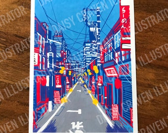May include: A digital illustration of a street scene in Japan. The street is lined with buildings with red and blue accents. The buildings have Japanese text on them. The street is empty and the sky is blue.