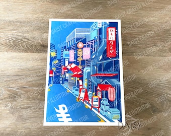 May include: A digital illustration of a street scene in Japan. The buildings are blue and red with Japanese text on the signs. The street is blue and there are people walking on the sidewalk.