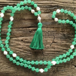 Mala Soothe turmoil in the heart Mala necklace 108 beads Aventurine, mother of pearl Paua shell Sterling silver Chain Tassel green image 5