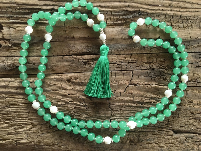 Mala Soothe turmoil in the heart Mala necklace 108 beads Aventurine, mother of pearl Paua shell Sterling silver Chain Tassel green image 5