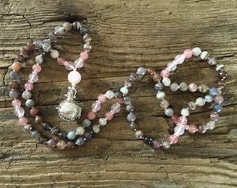 Mala "Protection & Security" 108 Pearls Agate Botswana, Rose Quartz with Star * Mala Necklace * Angel Caller * Pregnancy Protective Chain *Silver