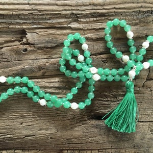 Mala Soothe turmoil in the heart Mala necklace 108 beads Aventurine, mother of pearl Paua shell Sterling silver Chain Tassel green image 1