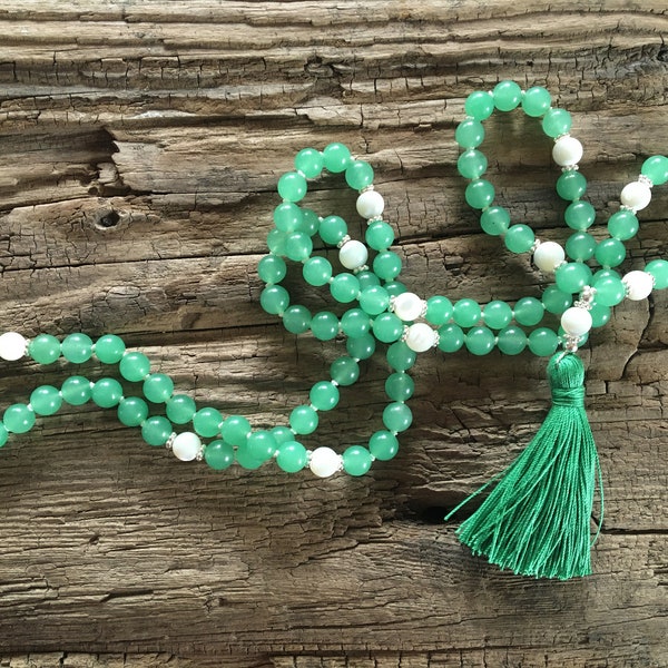 Mala "Soothe turmoil in the heart" Mala necklace 108 beads Aventurine, mother of pearl * Paua shell * Sterling silver * Chain * Tassel * green *