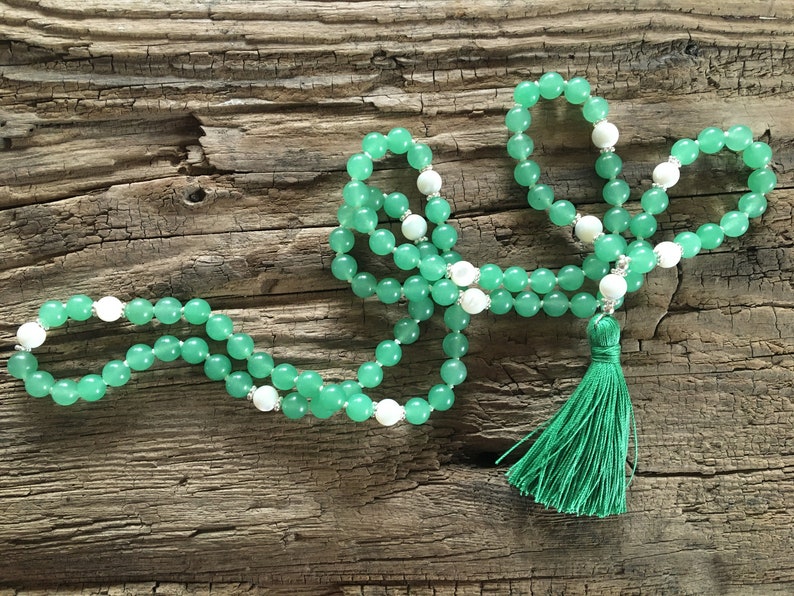 Mala Soothe turmoil in the heart Mala necklace 108 beads Aventurine, mother of pearl Paua shell Sterling silver Chain Tassel green image 1