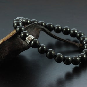 Bracelet &quot;Om Mani Pudme Hum&quot; * Shungite * Shungite * Sterling silver bead * 8 mm beads * elastic bracelet * men&#39;s bracelet * black * yoga