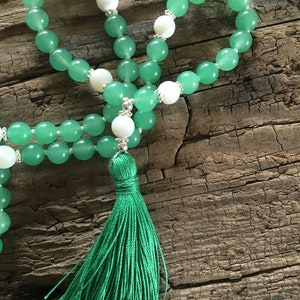 Mala Soothe turmoil in the heart Mala necklace 108 beads Aventurine, mother of pearl Paua shell Sterling silver Chain Tassel green image 8