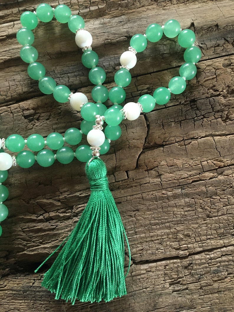 Mala Soothe turmoil in the heart Mala necklace 108 beads Aventurine, mother of pearl Paua shell Sterling silver Chain Tassel green image 8