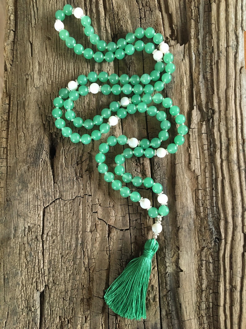 Mala Soothe turmoil in the heart Mala necklace 108 beads Aventurine, mother of pearl Paua shell Sterling silver Chain Tassel green image 10