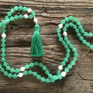 Mala Soothe turmoil in the heart Mala necklace 108 beads Aventurine, mother of pearl Paua shell Sterling silver Chain Tassel green image 7