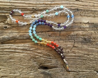 Chakra Mala * 108 beads rock crystal, garnet, carnelian, calcite, aventurine, aquamarine, kyanite, amethyst * sterling silver spiral * chain