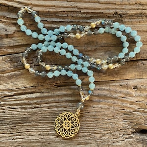 Mala &quot;Infinite Wisdom of the Soul&quot; Aquamarine, Rutilated Quartz, Labradorite grey * Sterling silver gold-plated mandala * Mala necklace 108 beads *
