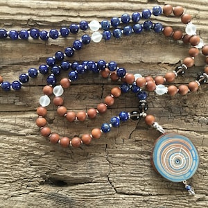 Mala &quot;Forehead Chakra&quot; Mala Necklace 108 Pearls Rock Crystal, Lapis Lazuli, Sodalite, Smoky Quartz, Sandalwood * Larch Wood Amulet * Third Eye