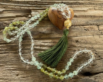 Mala "Transformation & Awareness" Rock Crystal, Prehnite, Mali Garnet, Grossular * Mala Necklace * Tassel * Necklace * Gold * Gemstone Necklace *