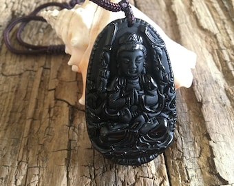 Buddha on a nylon strap * Obsidian * carved * black * pendant * chain * drilled stone * band with stone * healing stone * men's chain *