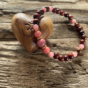 Bracelet &quot;Healing Heart&quot; rosewood, rhodonite, thulite, rhodochrosite * elastic bracelet * healing stone * sterling silver gold-plated * bracelet