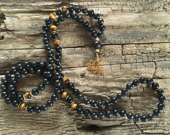 Mala "Schutz & Heilung" 108 Perlen Shungit, Regenbogen Obsidian, Tigerauge * Malakette * Männerkette * Lotus * Sterling Silber vergoldet *