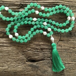 Mala Soothe turmoil in the heart Mala necklace 108 beads Aventurine, mother of pearl Paua shell Sterling silver Chain Tassel green image 2