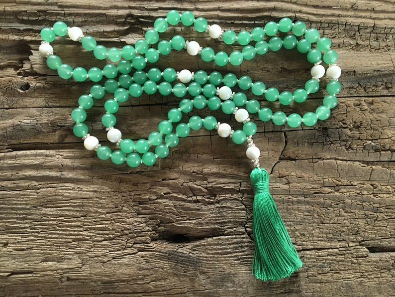 Mala Soothe turmoil in the heart Mala necklace 108 beads Aventurine, mother of pearl Paua shell Sterling silver Chain Tassel green image 2