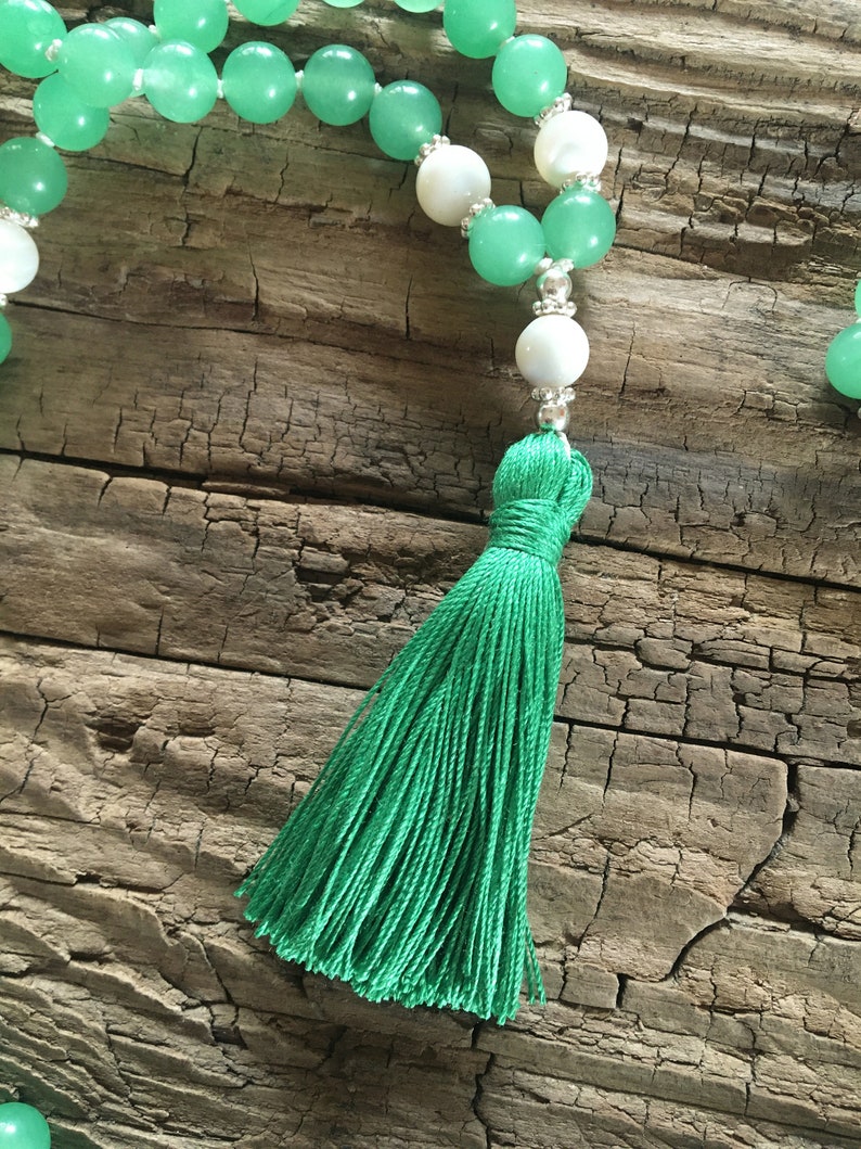 Mala Soothe turmoil in the heart Mala necklace 108 beads Aventurine, mother of pearl Paua shell Sterling silver Chain Tassel green image 6