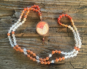 Mala "Sakralchakra" Malakette 108 Perlen Aventurin orange, Bergkristall, Karneol * matt * Eichenholz Amulett * Chakra Mala * Chakrakette